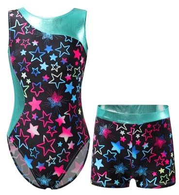 YiZYiF Mädchen Turnanzug Glänzend Gymnastik Leotards Ballett Trikot Tanz Body mit Shorts Kurze Hose Sport Overall Yoga Set Wettbewerb Tanzkostüm A_Sternen&Schwarz 122-128/7-8 Jahre