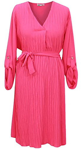 Vestido italiano con cuello en V para mujer, vestido midi de graduación, casual, túnica con nudo anudado, manga larga, talla única (10-18) Reino Unido, fucsia, Talla única Plus