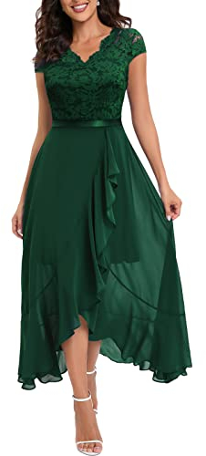 Bbonlinedress Mujer Vestido A-línea de cóctel Top Falda de Encaje Columpio de Gasa para Boda de Bola de Fiesta Cuello en V Manga Corta Gasa Corte para Mujer Dark Green S