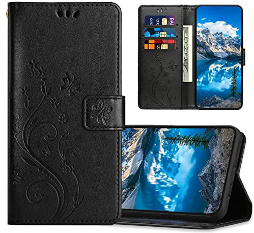 Hülle für Huawei P20 Lite/Nova 3E, PU Leder Handyhülle, Klappbar Prägung Brieftasche Stoßfeste Schutzhülle Kompatibel mit Huawei P20 Lite/Nova 3E, Schwarz