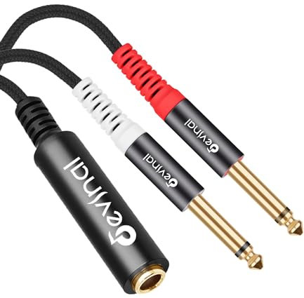 Devinal 1/4 TRS to Dual 1/4 TS Y Splitter Cable, 1/4 Female stereo to Dual 6.35mm TS Male Adapter, 6.35mm Female to 2 1/4 inch Mono Breakout Cable - 1 ft
