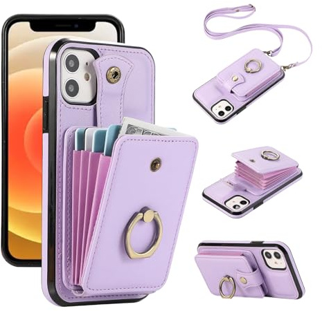 Asuwish Handyhülle für iPhone 12 Mini Hülle mit Band Handykette,Ring Ständer Kartenfach Geldbörse Leder Cover Klapphülle i-Phone i 12mini Mini-hülle Handy Hüllen Schutzhülle Damen Phone Case Lila