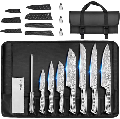 MOSFiATA Chef Knife Set, 12PCS Portable Sharp Kitchen Knife Set, High Carbon Japanese Stainless Steel Professional Chef Knives Sets with Knife Roll Bag Sharpener for Outdoor Travel Camping BBQ