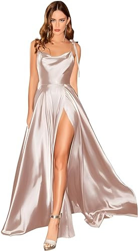 SWEMILE Robe Femme Chic et Elegant Robe Longue à Nœud Papillon Bretelles Robe Dos Nu Fendue Demoiselle D Honneur Mariage Invité Robe en Satin Elastique Doux Robe Ceremonie Robe Coquille D'oeuf 46