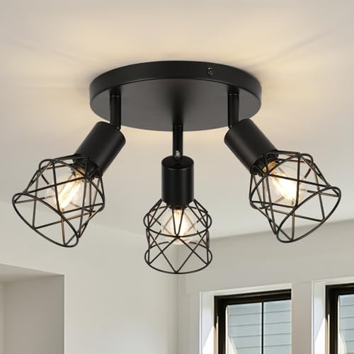 FORCOSO Ceiling Lights Spotlight, 3 Way Spot Lights 350°Adjustable, E14 Base Black Light Shade Metal Wire Cage Light Fittings, Industrial Wall Ceiling Lamp for Kitchen Living Room Hallway Bedroom