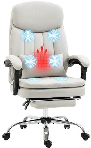 Vinsetto Bürostuhl mit Massagefunktion, Ergonomisch Schreibtischstuhl mit Liegefunktion, Vibrationsmassage, Höhenverstellbar Computerstuhl mit Lendenkissen, Fußstütze, Drehbar, Cremeweiß