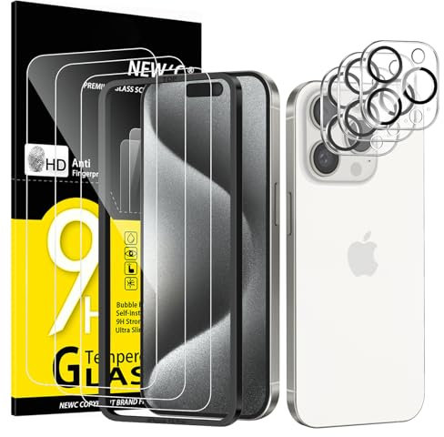 NEW'C Kit de 6, 3 x Verre Trempé pour iPhone 15 Pro (6,1 Pouces) et 3 x Protection Caméra Arrière - Kit Outil d'Installation Facile + Bouchon Anti-Poussière - Ultra Résistant-HD Transparent