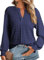 Dokotoo Ladies Tops Long Sleeve V Neck Spring Womens Tunic Top Loose Casual T-Shirts for Women Solid Color Shirt Textured Women's Blouses Shirts Fall Navy Blue UK L