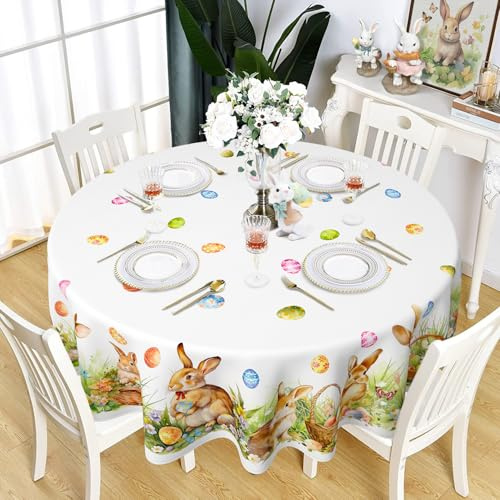 Frühlings-Oster-Tischdecke, Ostereier, Hase, Blumen-Tischdecke, wasserdicht, Frühlings-Osterhasen-Blumen, Küchentischdekoration für Esszimmer, Urlaub, Party, 152,4 x 152,4 cm, rund