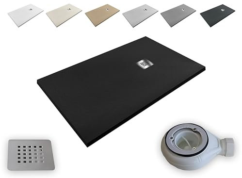 Receveur de Douche en Résine Allégée Extra-plat Aligeres - Toutes les dimensions disponibles - Antidérapant Texture Ardoise - Siphon et Grille Inclus (NOIR RAL 9005, 90x100)