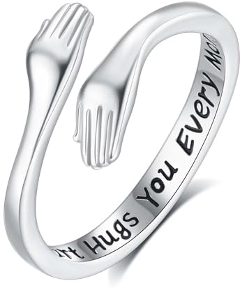 INFUSEU Ring Umarmung Silber 925, Umarmungsringe Verstellbarer Finger Umarmen Ringe Gravierte Worte Umarmung Hände Schmuck Freundschaftsringe für Frauen