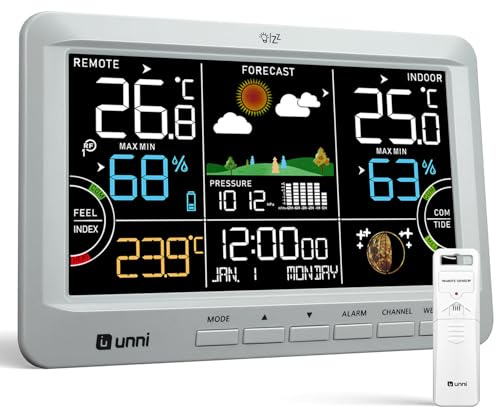 Estación Meteorológica Inalámbrica con Sensor Exterior, Reloj Atómico RCC, Pantalla a Color, Termómetro Interior Exterior, Pronóstico del Tiempo, Punto de Rocío, Índice de Calor y Barómetro