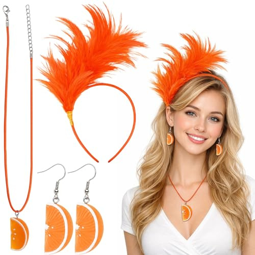 GWAWG Aperol Kostüm Damen Set, Haarreif Orange mit Federn, Orangen Ohrringe und Halskette, Feder Haarschmuck Früchte Kostüm für Fasnacht, Fasching, Halloween, Themenparty, Karneval Accessoires