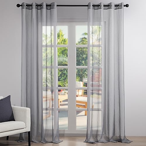 Topfinel Voile Vorhänge Leinenstruktur mit Ösen Lichtdurchlässig Einfarbig für Fenster Wohnzimmer Schlafzimmer Moderne und Elegante Gardine 2er Set je 240x140cm (HxB) Dunkelgrau
