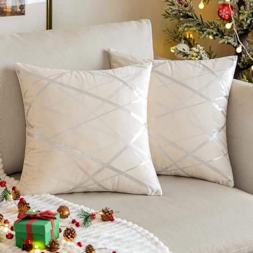 MIULEE 2er Set Samt Kissenbezug Silver Kissenbezüge Dekokissen Dekorativ Sofakissen Kissenhülle Zierkissenbezug Zierkissen Bezug Überzug Deko Kissen Bezüge Couchkissen Milchweiß 45x45 cm