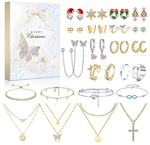 Souarts Schmuck Adventskalender 2024 Frauen Erwachsene, Weihnachtskalender Teenager mit 24 Überraschungen Weihnachten Kette Armkette Ringe Ohrstecker