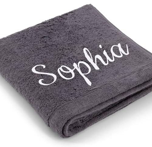 Cawö Premium Handtuch mit Namen oder Wunschtext Bestickt, personalisiertes Duschtuch, individuelles Duschtuch, 100% Baumwolle, 70 x 140 cm Anthrazit