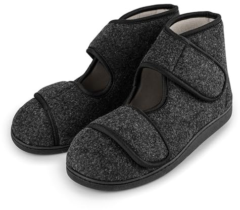 TIESTRA Mens Slippers Boots Memory Foam Wide Fit Indoor Outdoor House Shoes with Adjustable Hook and Loop Grey 9UK-43EU