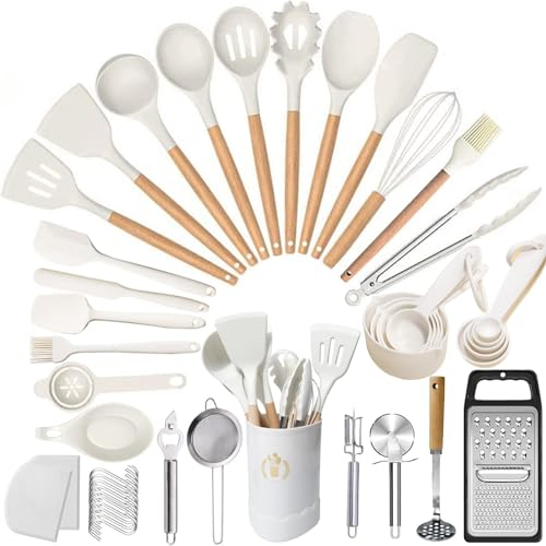 UXIYI Silicone Kitchen Utensils Set, 46pcs Cooking Utensil Set, Silicone Spatula Set with Holder for Cooking Nonstick Heat Resistant Kitchen Gadgets, White
