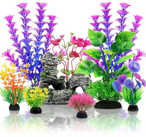 QUOZUO Plantes d'aquarium Plastique Décoration, colorées Plantes Artificielle Aquarium avec Rocher Polyrésine Grotte Ornement pour Aquarium Poissons, 9 Pièces