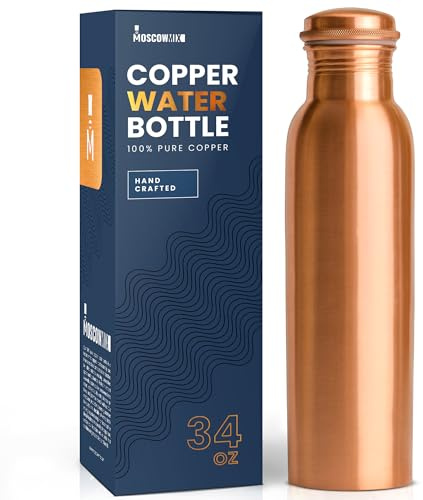 Botella de agua de cobre para beber de 34 onzas, extragrande, recipiente de cobre puro ayurvédico hecho a mano, bebe más agua, boca ancha con tapa a prueba de fugas, sin BPA, reutilizable, apta para