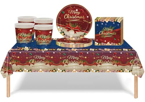 53 piezas de decoración clásica de vajilla de Navidad con lazo rojo, mantel de plástico de Feliz Navidad, vasos de papel, servilletas, platos, regalos de Navidad, vajilla para suministros de fiesta de