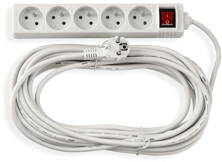 KOLORENO - Stromverlängerungs Kabel - mit Schalter - 10m - 5X 230V Steckdose - Verlängerungskabel - Verlängerungskabel mit Flachstecker - Schutzart IP20 - Schutzkontakt-Verlängerung - Weiß