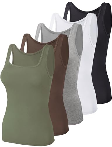 BQTQ 5 Pcs Women's Square Neck Tank Tops Undershirts, M(Army Green)