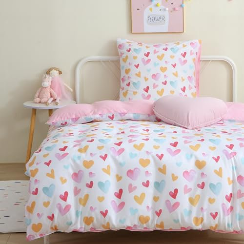 Fekohipy Bettwäsche 135x200 Mädchen Rosa Kinderbettwäsche Herzen Bunt 3D-Druck Mikrofaser Kinder Bettbezug mit Reißverschluss und 1 Kissenbezug mit Umschlag 80x80cm 2-teiliges Kinderbettwäsche-Set