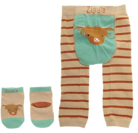 Ziggle Knitted Baby Leggings with Character Bottoms | Soft Cotton Infant Trousers for Newborn & Toddler Boys Girls | Stretchy, Nappy-Friendly Bottoms for Crawling & Playtime