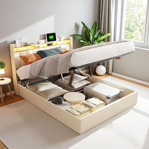 PerGar Polsterbett mit Stauraum, Doppelbett 140×200 mit USB & LED Beleuchtung Kopfteil, Jugendbett Stauraumbett Bettgestell mit Hydraulisches Bettkasten und Lattenrost, Samt,Beige, Ohne Matratze