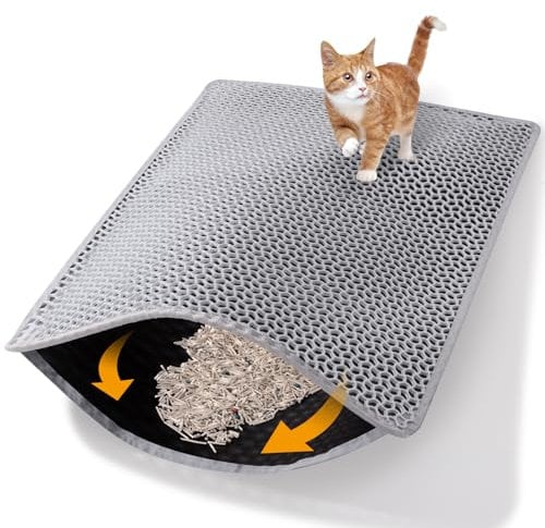Cat Litter Mat Double Layer Non-Slip Odor-Free Litter Box Mat,Waterproof and Urine Proof Litter Mat,Scatter Control, Less Waste,Easier to Clean(Gray, 37×61cm)