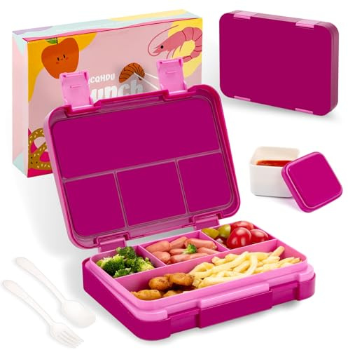 QCQHDU Brotdose Kinder mit 5 Fächern - Lunchbox mit Unterteilungen,1300ml Bento Box für Schule,Kindergarten,Outdoor | Leckdicht, Spülmaschinenfest, BPA-Frei,Essensdose mit Essbesteck（Greene.）