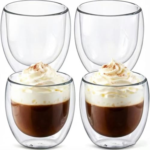 4x250ml Double Walled Insulated Glass,Coffee Mug Cappuccino Mugs,Insulated Latte Drinking Cups,Clear Glasses Mugs for Latte,Hot Drinks Tea Milk Juice Ice Cream