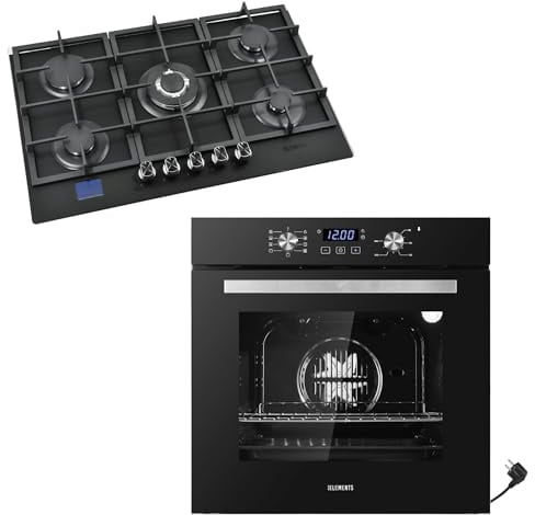 Gas Herdset | 60cm Einbaubackofen | Gaskochfeld 5 flammig | Gasokchfeld mit Timer | Kindersicherung | Grill | Heißluft | AQUA CLEAN