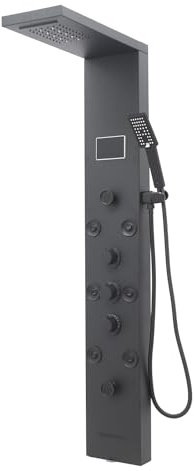 Panel de ducha LED 6 en 1, cascada y ducha de lluvia, núcleo de válvula de cerámica, ducha de lluvia con ducha de cabeza y ducha de mano, color negro