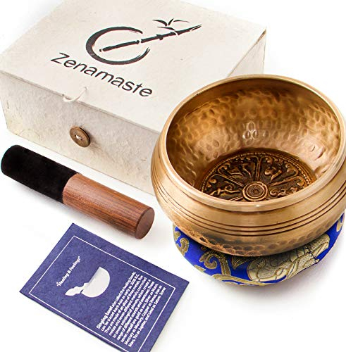 Zenamaste • Bol Tibétain Chantant Méditation Fait à la main à Bhaktapur (Népal) - 450gr ⌀11,5cm - Coffret Zen - Papier népalais - Coussin Bol Chantant (Métaux Anciens Chakra) - Maillet Bois
