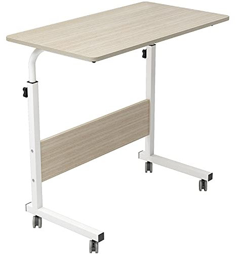 DlandHome Laptoptisch Höhenverstellbar mit Rollen 80 cm Betttisch Beistelltisch pflegetisch auf Rollen Computertische Mobiler Schreibtisch Laptop Ständer Tisch für krankenbett Büro Schlafzimmer Ahorn