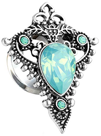 beyoutifulthings Ohr-Plug Filigranes Tribal-Schild Jade-Grüner Stein Silber Ohr-Piercing Ohr-Schmuck Tunnel Double Flared Sattel-Verschluss 10mm