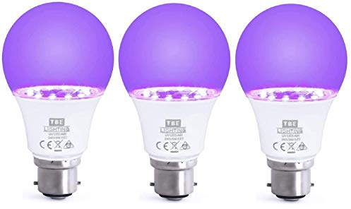 TBE LIGHTING UV LED Bulbs - 3 Pack - 9w Ultra Violet Black Light Bulbs - B22 Standard Bayonet Fitting - 395-400nm wavelength, Energy Saving Long Life LED A60 Bulb - 20,000Hrs Life Expectancy