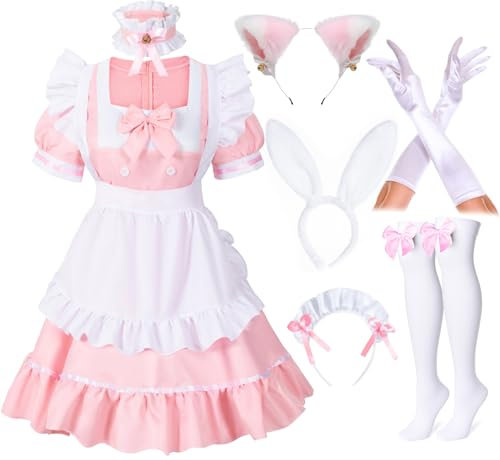 Irtysh Costume de soubrette de lapin pour femme - Costume kawaii - Avec oreilles de chat en fourrure - Gants et chaussettes, rose, XX-Large