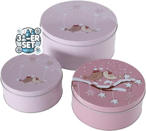 CasaJame 3er Set Metall Keksdose Plätzchendose rund rosa verliebte Wintervögel sortiert H6-9cm