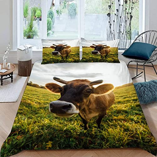 RFFLUX 3D Kühe Bettwäsche Set 135x200 cm 2teilig mit Reißverschluss Weiche und Angenehme Schlafkomfort Microfaser Bettbezug Bauernhof Tiere Vieh Kinderbettwäsche mit Kissenbezug 80x80 cm