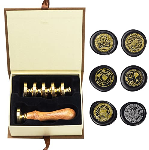 Wachs-Siegel-Stempel-Set, ANBOSE Mond Wachs-Siegel-Stempel-Set mit 6 PCS abnehmbare Messingköpfe und 1 Holzgriff, Sonnenvogel Sternenmeer Planet Siegel Wachs Stempel für Karten Einladungen