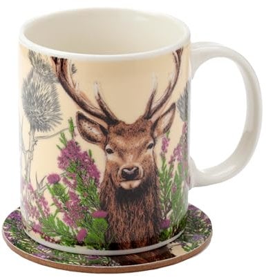 Puckator Wild Stag Christmas Porcelain Tea Coffee Mug & Coaster Set - Funny Home Accessories - Cute Gifts for Girlfriend Large Mugs for Men Women Hot Drinks Cups Presents Secret Santa Gift Cup Set