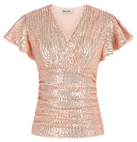 GRACE KARIN Damen Pailletten Tops Glitzer Oberteile V-Ausschnitt Bluse Kurzarm mit Rüschen Elagant Tunika