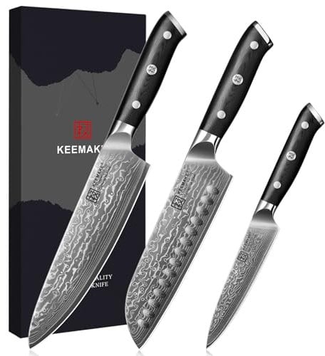 KEEMAKE Damastmesser Set 3 teilig - Küchenmesser Set aus 67 Lagen Damaststahl mit Ergonomischer G10 Griff, Scharfes Kochmesser, Santokumesser und Allzweckmesser für Küche, Perfekte Vatertagsgeschenk