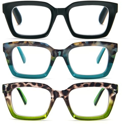 MMOWW 3-Pack Oversized Reading Glasses for Women - Anti Blue Light Glasses with Square Frame (3 Packs, +1.5)