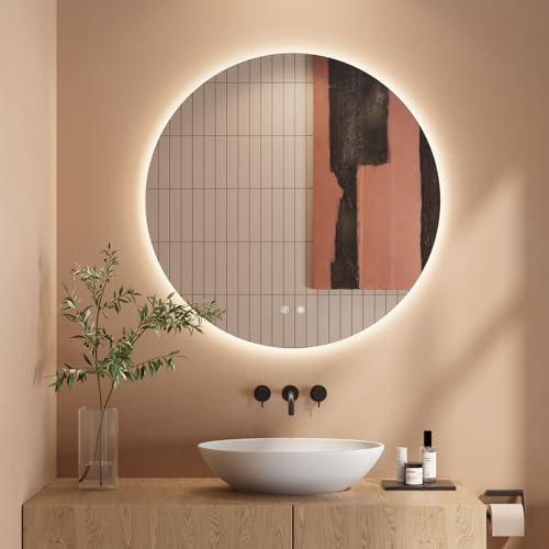 Dripex Badezimmerspiegel Led Badspiegel Rund, Touch-Schalter, Dimmbar, 3 Lichtfarbe Einstellbare Spiegel Bad mit Beleuchtung, LED Wandspiegel mit Licht, Beschlagfrei 70x70 cm