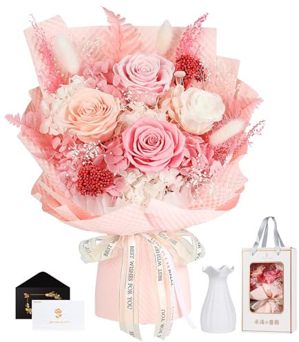 MAMAMIKO Rosa Stabilizzata Vera con Vaso, Mazzo di Fiori Stabilizzato, Rose Eterna Regalo San Valentino,Compleanno, per Lei Donna Fidanzata Mamma Ragazza,Festa della Mamma,Anniversario Regali(Rosa)
